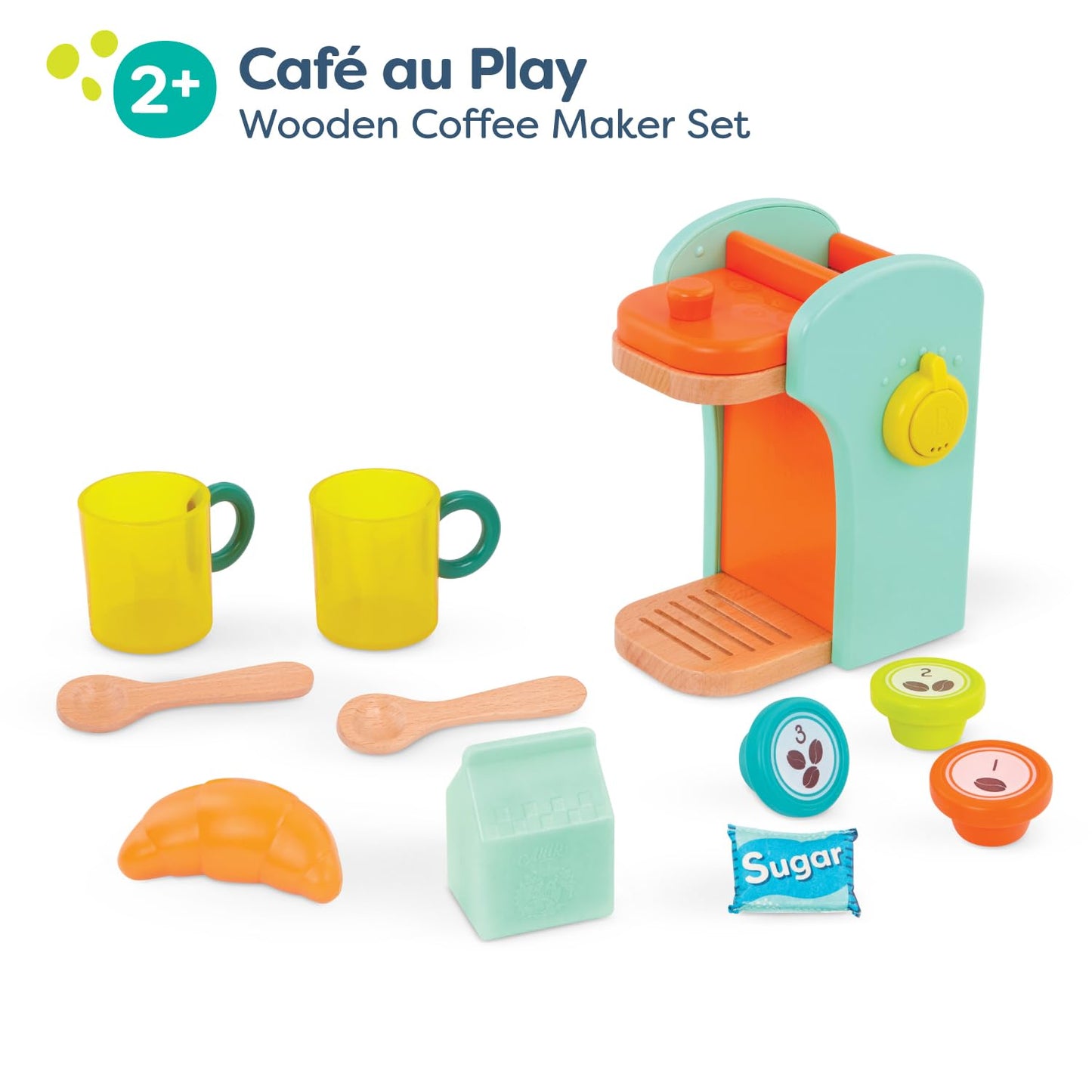B. toys- Caf au Play- Pretend Play Wooden Coffee Maker for Kids- Wooden Coffee Machine Set - 10 Pretend Play Accessories - Kit