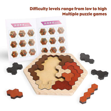 Skrtuan Wooden Hexagon Puzzle - Colorful Tangram Brain Teaser Toy for Kids & Adults, STEM Educational Gift, Brown, Logic IQ Game