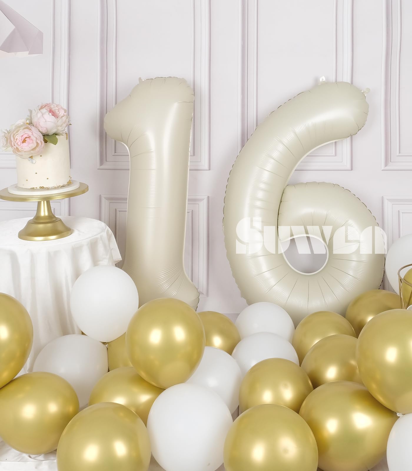 Suwen 40 Inch Cream White Large 16 Number Balloons Big Foil Helium Number Balloons 0-9 Jumbo Happy 16Th Mylar Birthday Party Dec