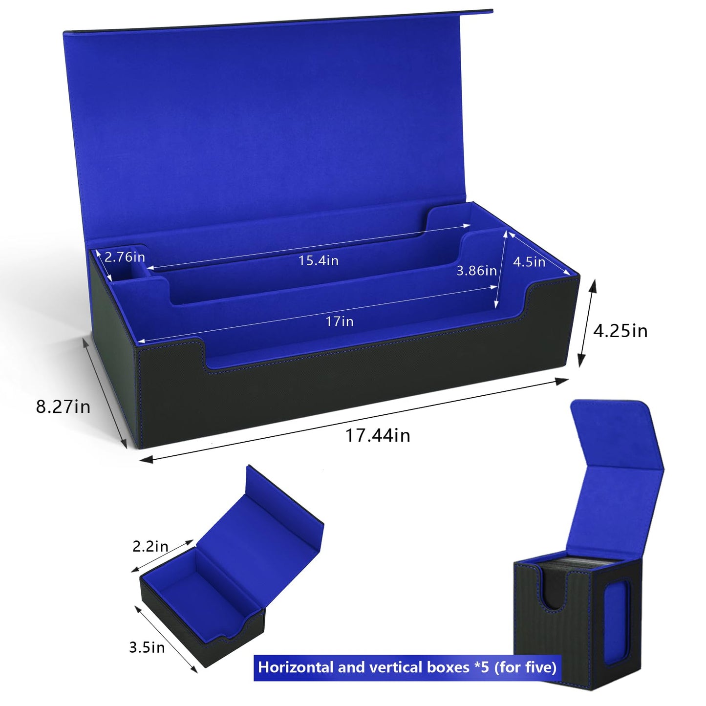 Scimi Mtg Card Storage Box Tcg Deck Case Holds Fits 5 Windows Decks Card Box Or 1800+ Sleeved Cards For Mtg, Yugioh, Uno, Tcg, Trading Cards With Mat Case And Strong Magnet Closure (Black & Blue)