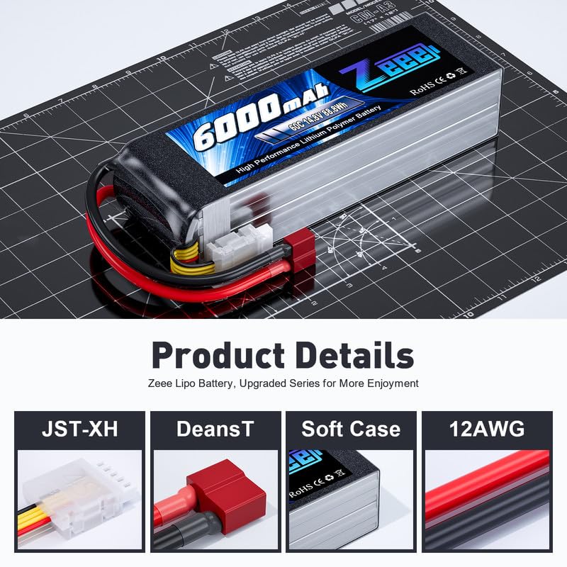 Zeee 4S Lipo Battery 6000mAh 60C 14.8V Soft Case Battery with Deans Plug Compatible with RC Plane Quadcopter Airplane Helicopter