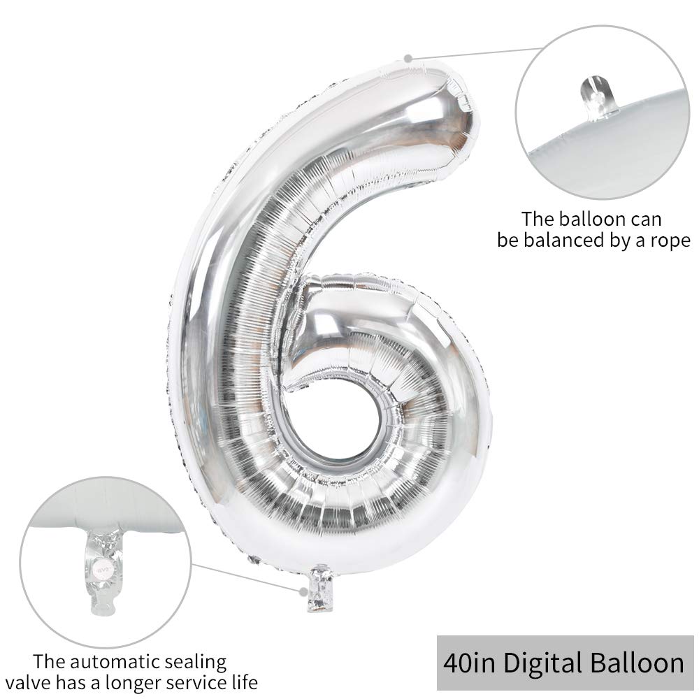 Toniful 40 Inch Silver Large Numbers Balloons 0-9, Number 6 Digital 6 Helium Balloons, Foil Mylar Big Number Balloons For Birthd