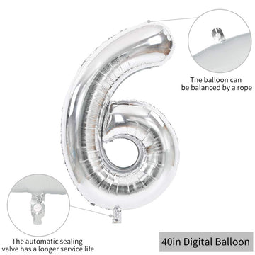 TONIFUL 40 Inch Number 6 Helium Balloon, Silver Foil Mylar, Birthday Party Supplies, Model 8GCP
