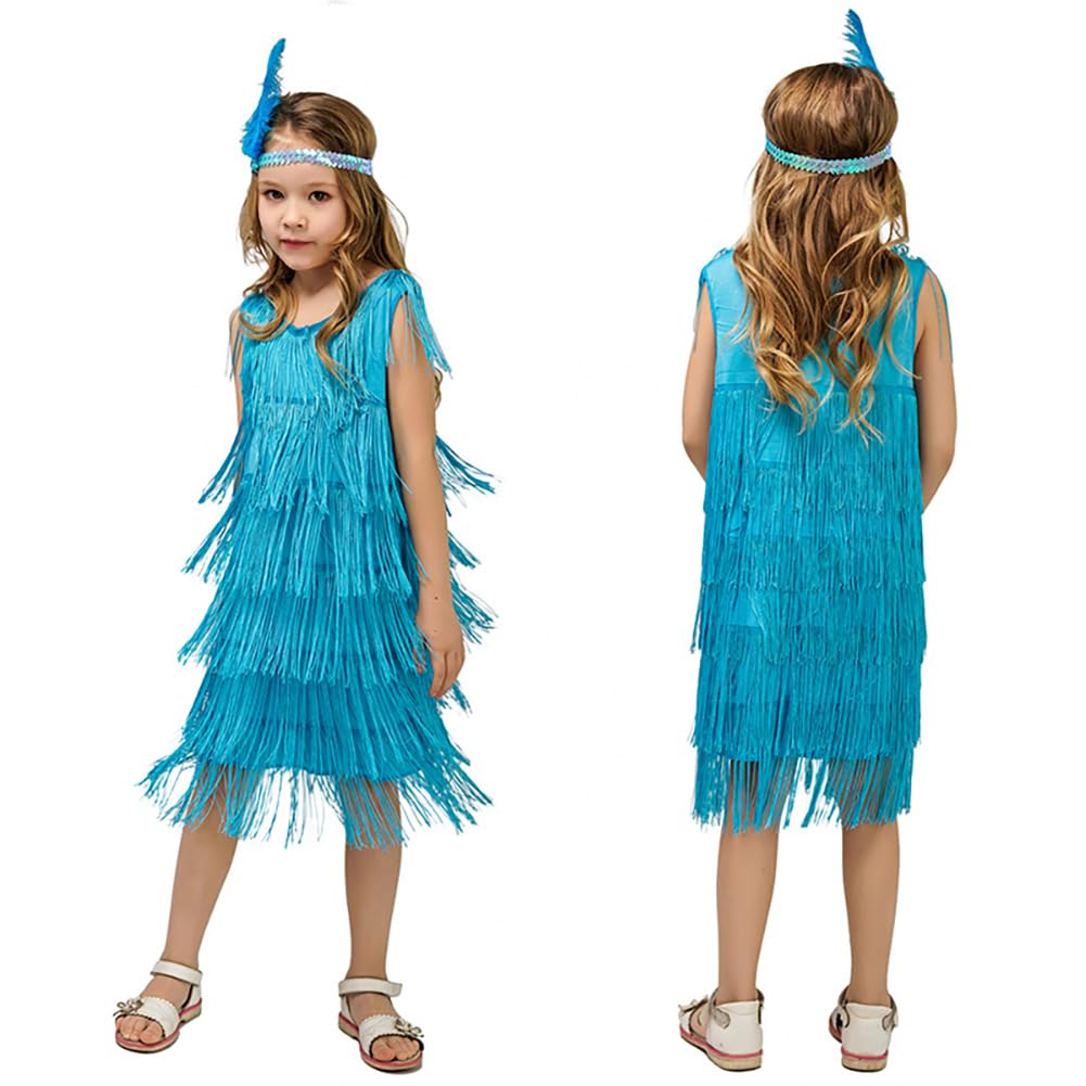 Girl'S 1920S Flapper Dress Fringe Tassel 20S Halloween Party Concert Music Festival Outfits Dancewear Headband Set Sky Blue