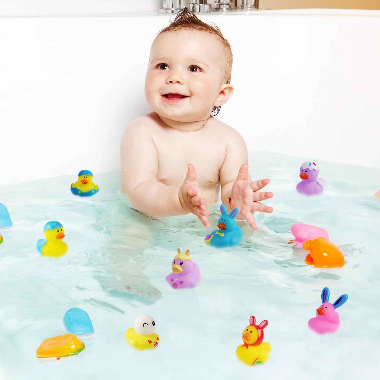 Fudragtn 50Pcs Easter Rubber Ducks, Mini 2.1 Inch Bunny Rubber Duckies Bath Toys For Kids, Assorted Float Duck Bulk For Fun Bath