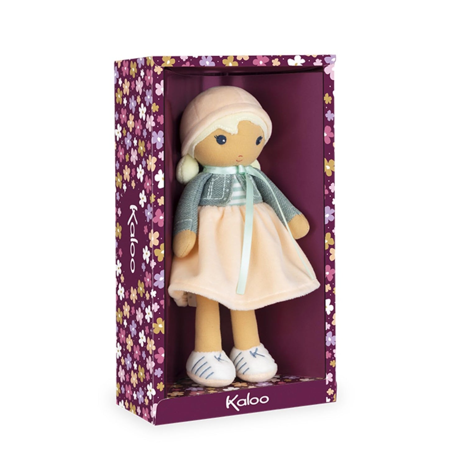 Kaloo Tendresse My First Fabric Doll Chloe K 9.75” Medium Soft Plush Figure In Peach And Striped Dress, Denim Jacket And Blonde Hair With Embroidered Face Machine Washable For Ages 0+, K963659
