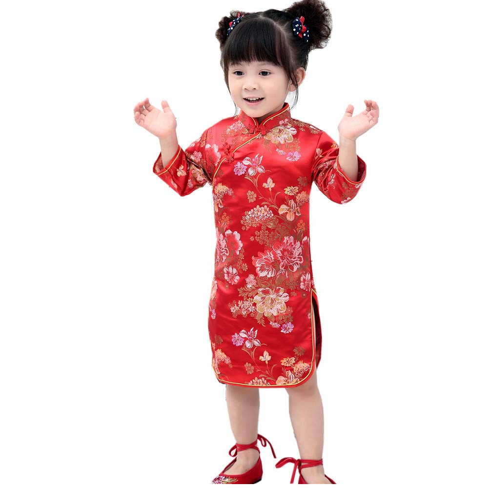 Hooyi Girl'S Chinese Peony Rose Qipao Half Sleeve Cheongsam Wedding Princess Birthday Party Costume Dress, Red, 3X-Small