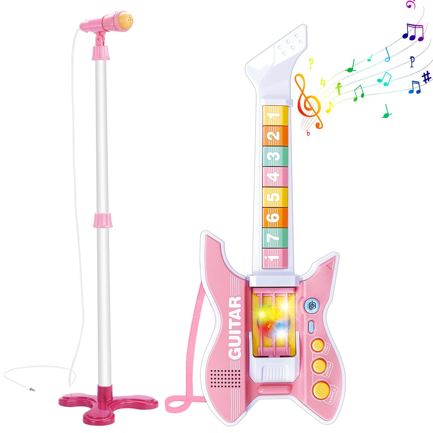 Deao Kids Guitar And Microphone Set With Stand Adjustable Height Music Light Karaoke Music Toys Christmas Birthday Gift For Kids Boys Girls (Pink)
