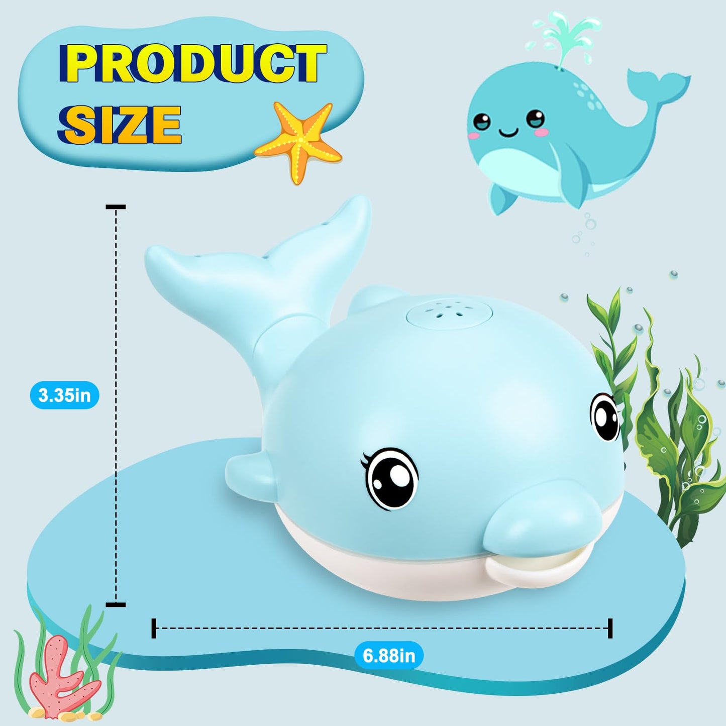 CAHILON Dolphin Sprinkler Bath Toy - Rechargeable, Light Up Music, Blue, 4.13 x 6.89 x 3.35 inches, Perfect for 1-6