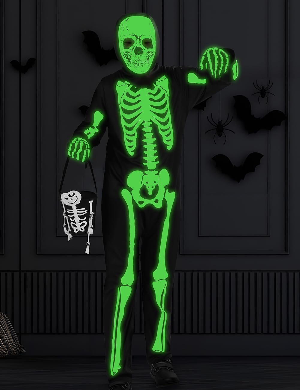 qqpouc Halloween skeleton costume kids glow in the dark skeleton costume on both sides Skuller candy bag for boys and grils