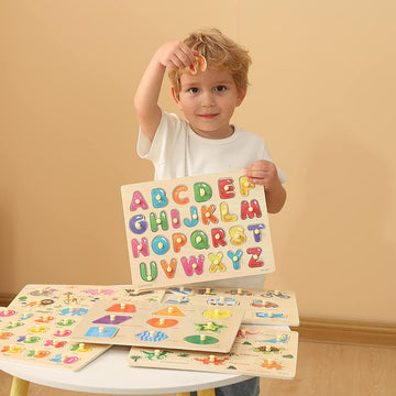 Grinnnie Wooden Peg Puzzle For Toddlers, 6 Pack Toddler Puzzles Set For 3 4 5 Years Old (Alphabet Number Shape Animal Dinosaur Vehicle), Preschool Education Learning Puzzle Toys For Girls And Boys