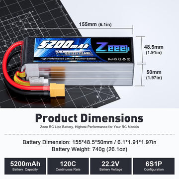 Zeee 6S Lipo Battery 5200mAh 22.2V 120C Soft Case Lipo with XT90 Connector RC Battery for RC Car Truck Airplane Helicopter Quadc