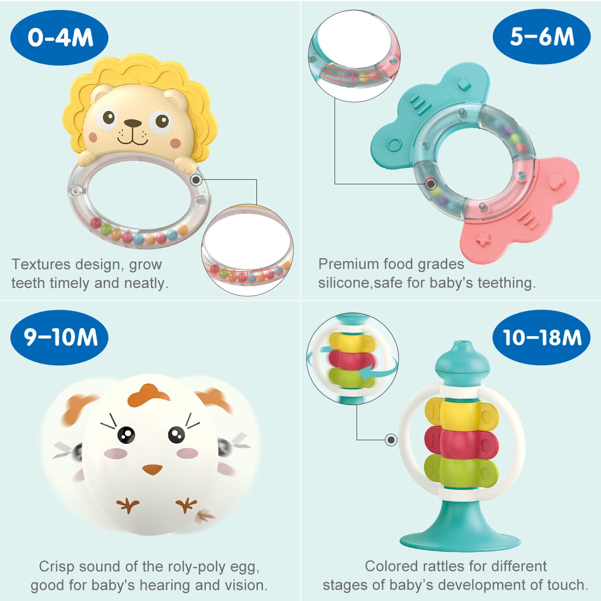 Qizebaby Baby Toys 6 To 12 Months, 12Pcs Rattle Baby Teething Toys, Shaker Grab And Spin Rattles Toy, Music Learning Toys For 0