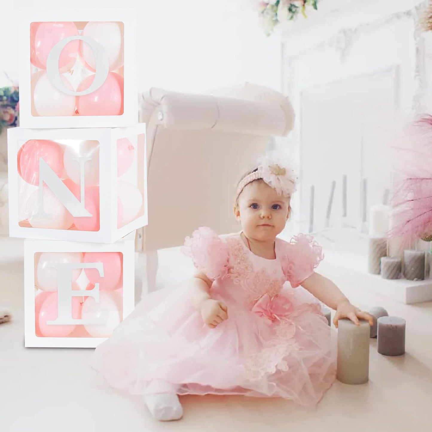 Toniful 1St Birthday Party Supplies Macaron Pink White Balloon Box With Letters One,Baby Girl Theme One Year Old Birthday Party