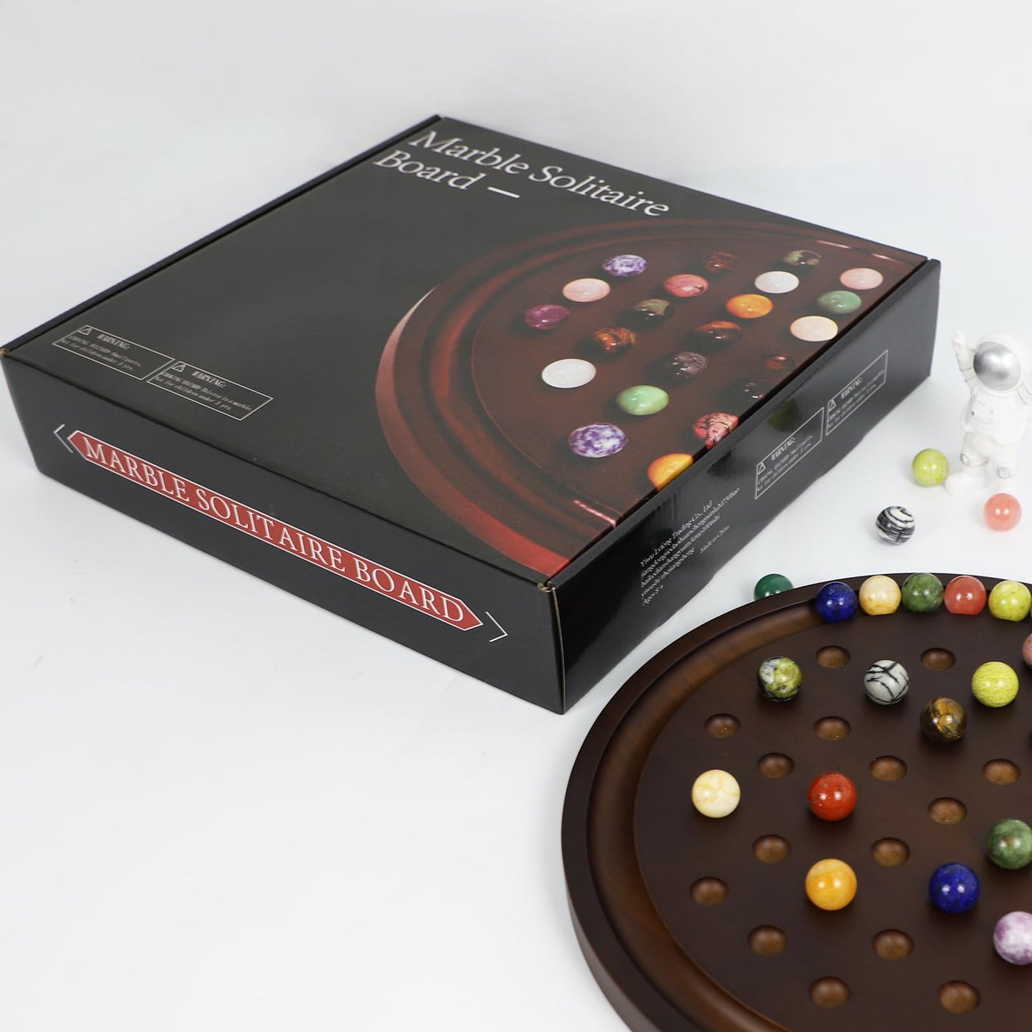 Medikaison Large Solitaire Game Handmade Solid Wooden Marble Board Game Set With 36 Natural Marble Marbles Classic Thick Round Board Games For Adults Game Night (Walnut, Medium)