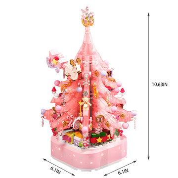 Christmas Tree Building Blocks, Christmas Music Box With Led Light Rotating Christmas Bricks Toy For Boys Girls, Pink Christmas