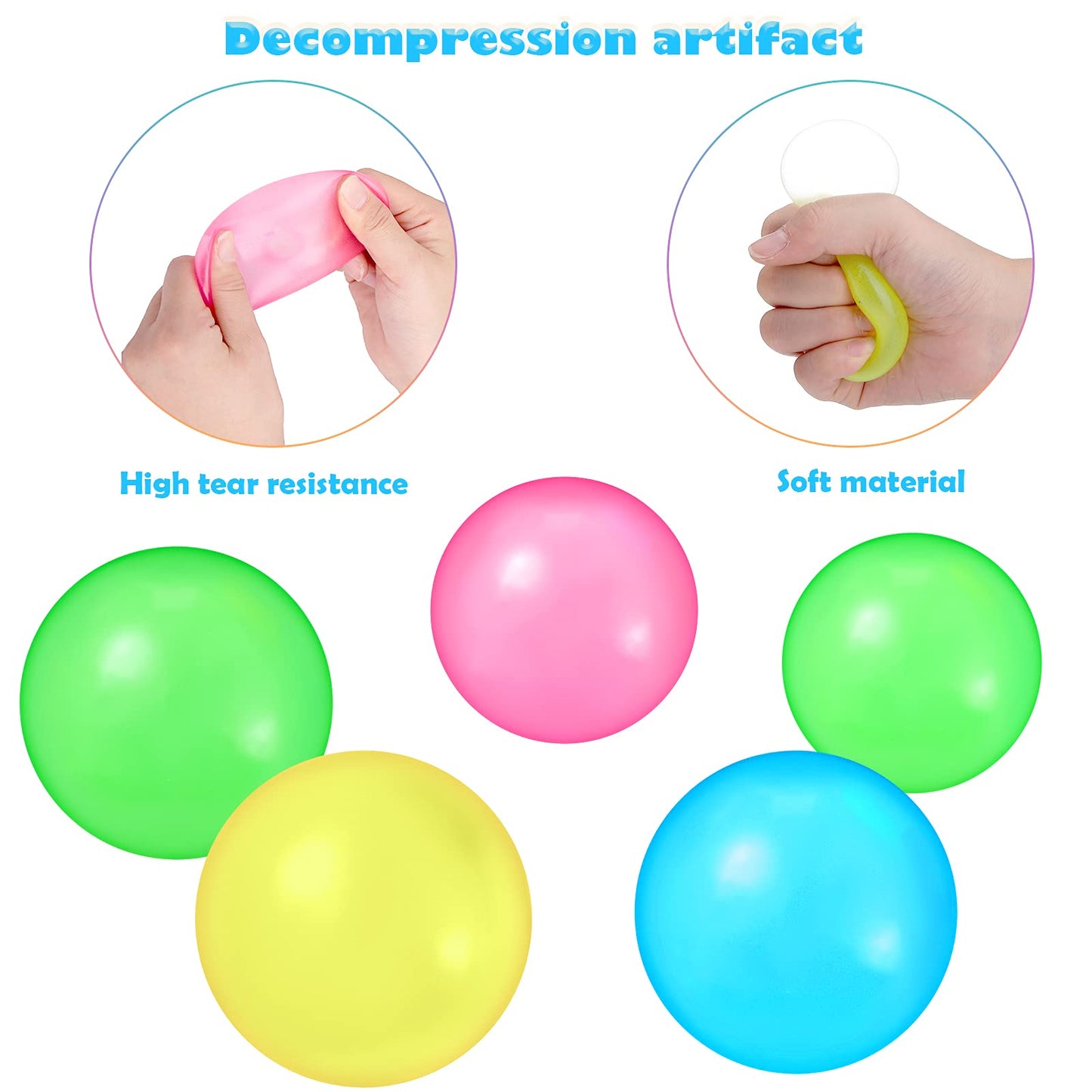 Skylety 8 Pieces Glow In The Dark Sticky Balls Elevated Glowing Stress Balls Relax Cool Asmr Stuff Toy For Ceiling Wall Adults(1.8 Inches,Pink, Yellow, Blue, Green)