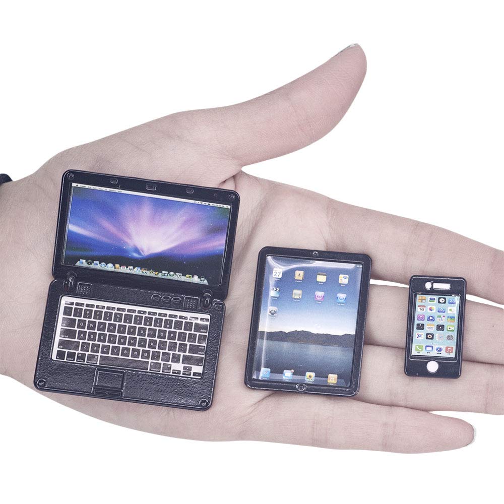 Dollhouse Decoration Miniature Accessories Dollhouse Computer Laptop Tablet Phone Simulation Accessories For Doll 1/6 1/12 Miniatures Play Set - 3 Pcs (3 Laptop-Black)