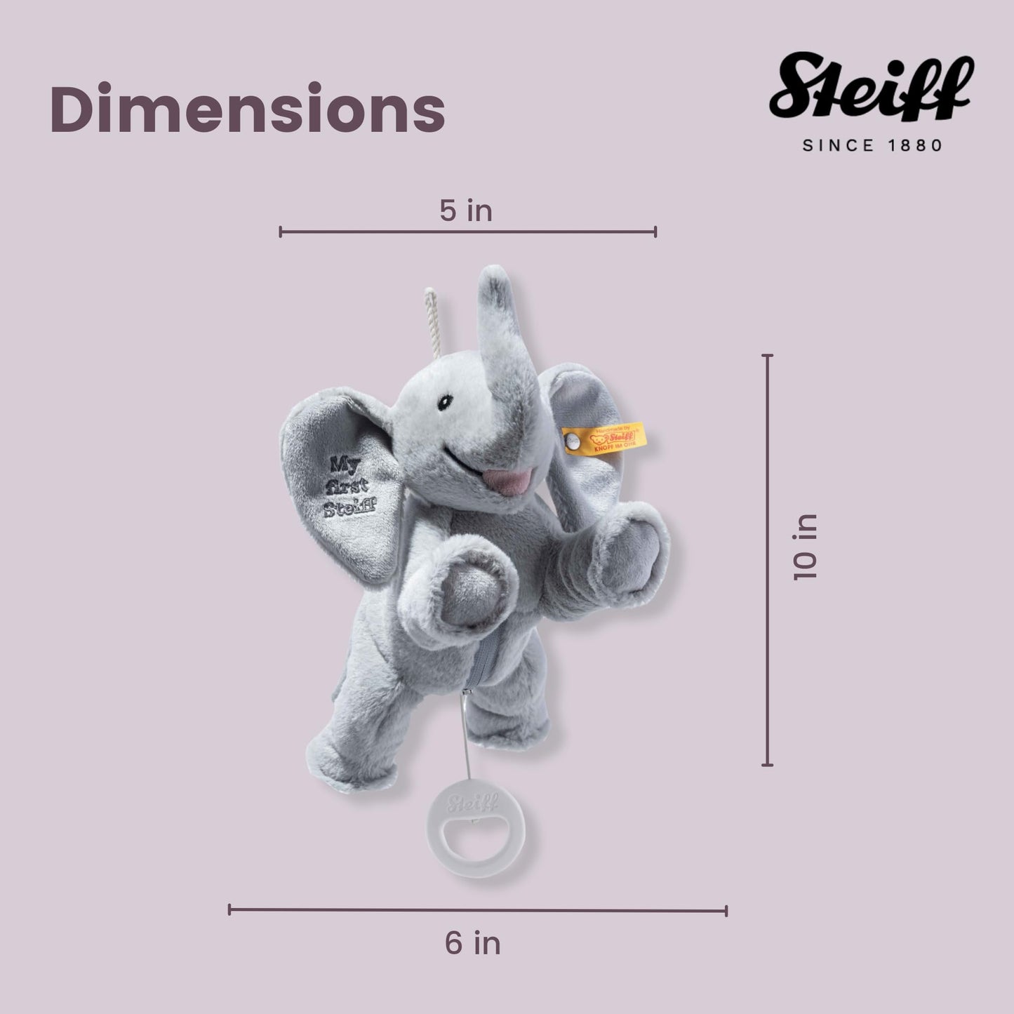 Steiff Ellie Elephant Musical Pull Toy 10 Inch Light Grey, Peaceful Lullaby, Plush Elefant, Cuddly Soft Plush, Machine Washable