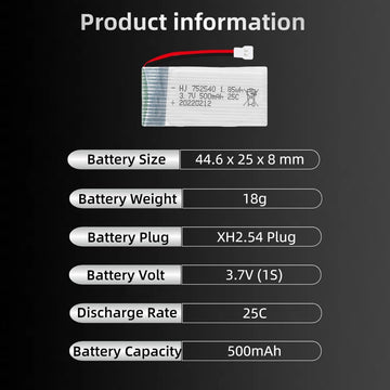 2 Pcs 3.7V 500Mah 25C 752040 Rechargeable Lipo Battery With Usb Charger For Syma X5C Cheerson Cx30 Skytech M68 Bbs 868 Quadcopte