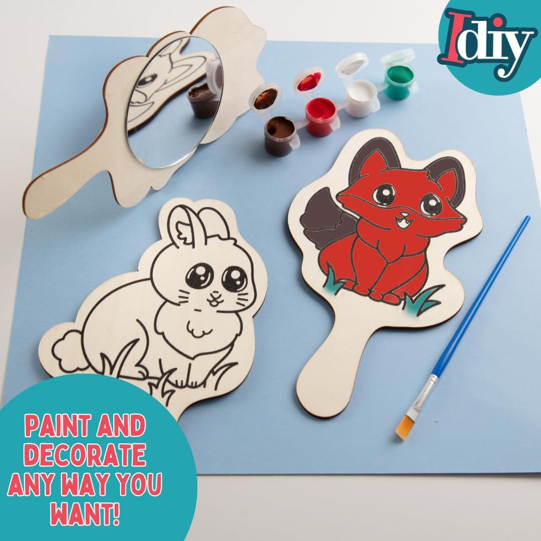 Paint Your Own Mirror Kids Party Craft Kits (12 Forest Friends Wood Mirrors) - Each Kit Has its Own Brush & Paint - Fun, Unique