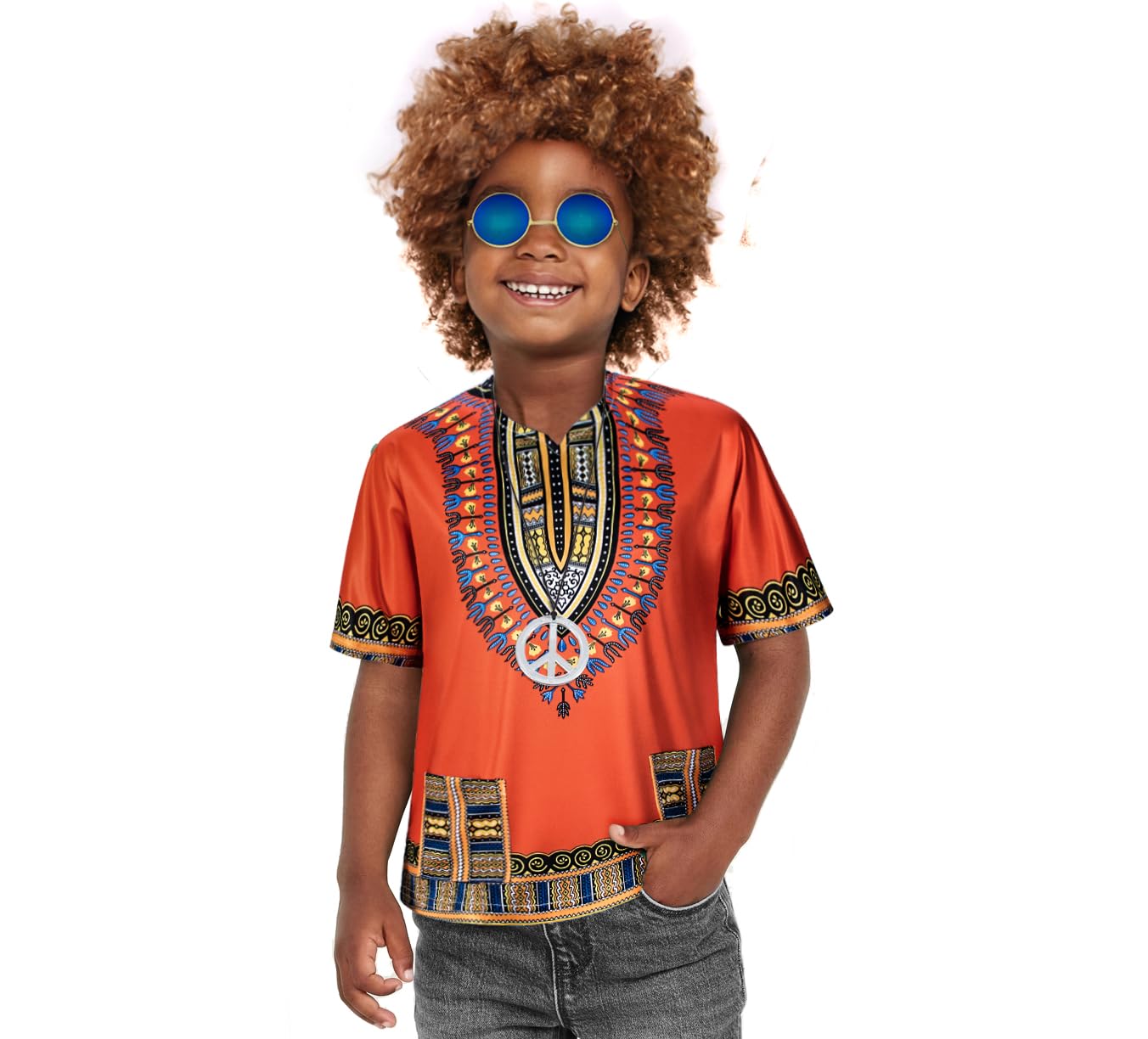 Kids Hippie Costume For Boys Girls 60S 70S 4 Pcs T-Shirt Afro Wig Set For Halloween Party Cosplay 5-6T Yellow