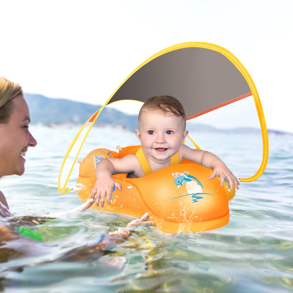 Laycol Baby Swimming Float With Upf50+ Sun Canopy Baby Floats For Pool No Flip Overbaby Pool For Baby Age Of 3-36 Months (Yellow, L)