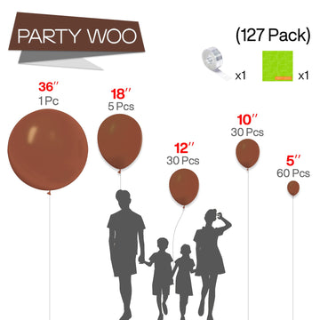 Partywoo Dark Brown Balloons, 127 Pcs Boho Brown Balloons Different Sizes Pack Of 36 Inch 18 Inch 12 Inch 10 Inch 5 Inch Chocolate Brown Balloons For Party Decorations, Brown-Chocolate Brown-F08
