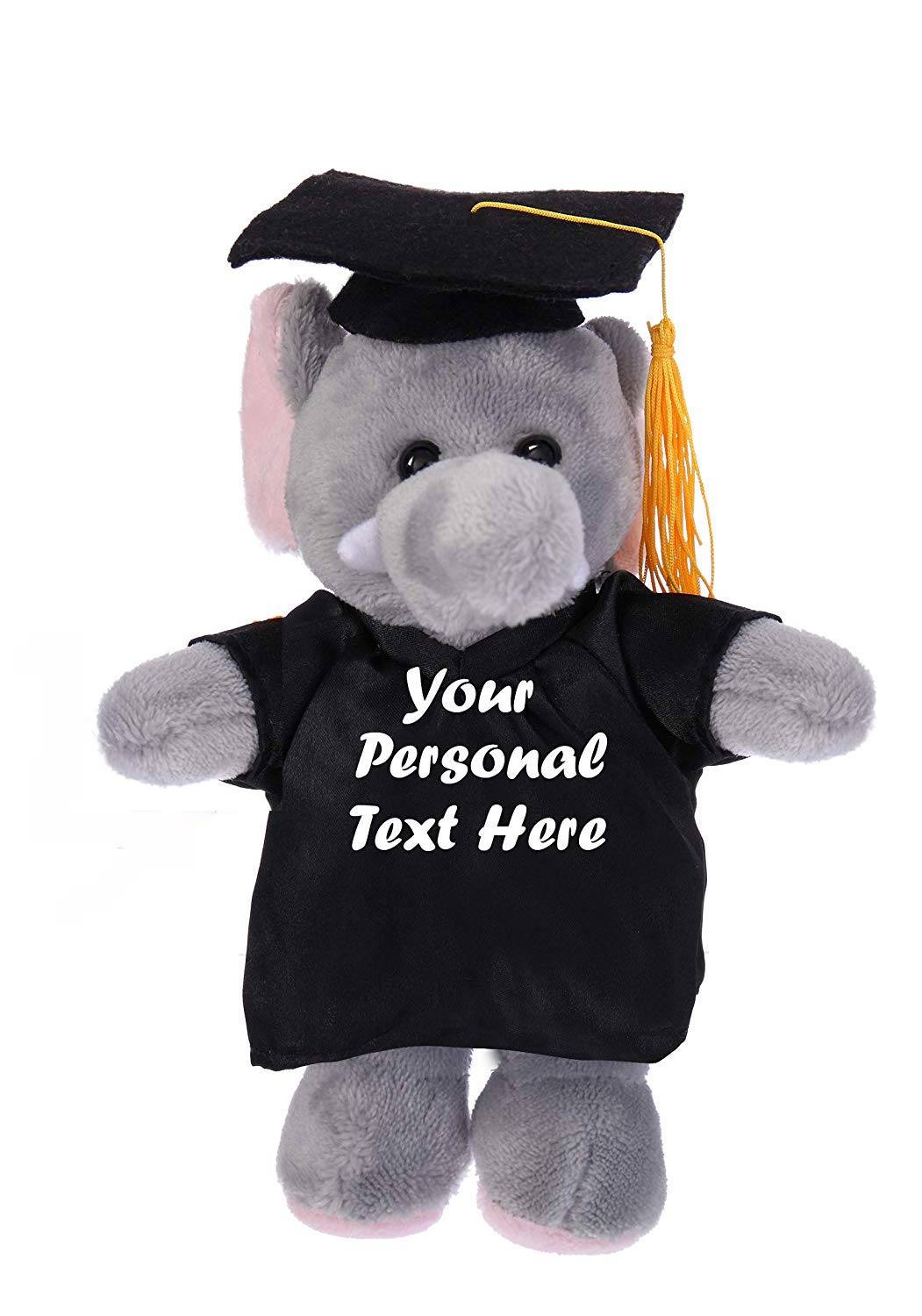 Plushland Plush Stuffed Animal Toys 8 Inches Present Gifts for Graduation Day Personalized Text Name or Your School Logo on Gown Best for Any Grad School Kids (Graduation Elephant Black Gown)