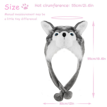 Funny Plush Animal Hat with Ear Flaps, Soft Fleece Hats Cute Bunny Cap for Kids Women Girls Cosplay Party (Husky) Multi-Colored