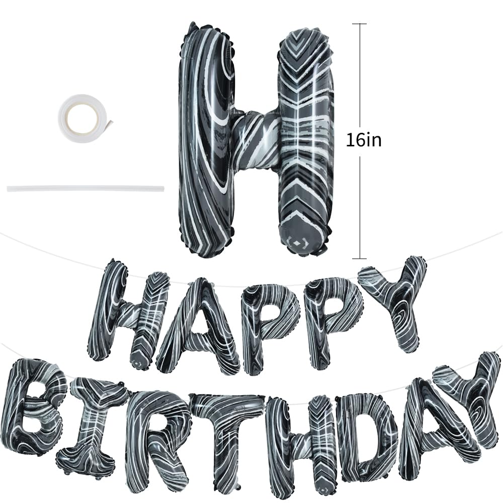 Toniful Black Marble Happy Birthday Balloons Banner,16 Inch Mylar Foil Letters Birthday Sign Bunting For Girls Boys Kids & Adult