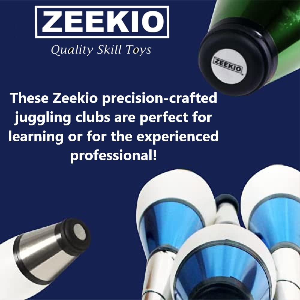 Zeekio - Pegasus Juggling Club Set - enhanced Quality - for Beginners All Levels - Multi-Piece Durable Design - Scuff Resistant - Rubber Knob & Cap - 20.5 L - Set of 3 - Blue Red & Silver