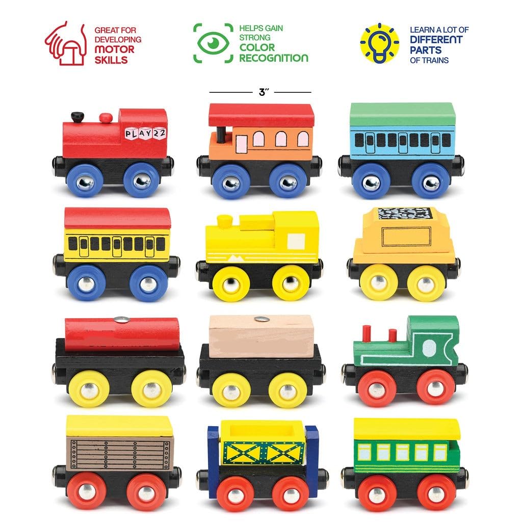 Wooden Train Set 12 PCS - Train Toys Magnetic Set Includes 3 Engines - Toy Train Sets For Kids Toddler Boys And Girls - Compatib