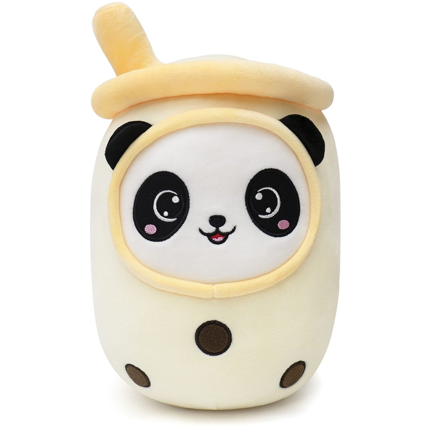 Niuniudaddy Boba Plushies With Panda Face-13.7Inches Large Yellow Cream Bubble Tea With Straw Stuffed Animals-Soft Kawaii Milk T