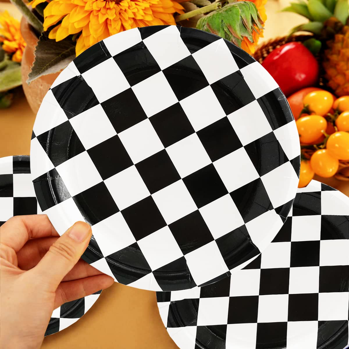 40 Pcs Race Car Birthday Party Supplies Black And White Checkered Party Supplies 7''Checkered Paper Plate,Black White Plate For