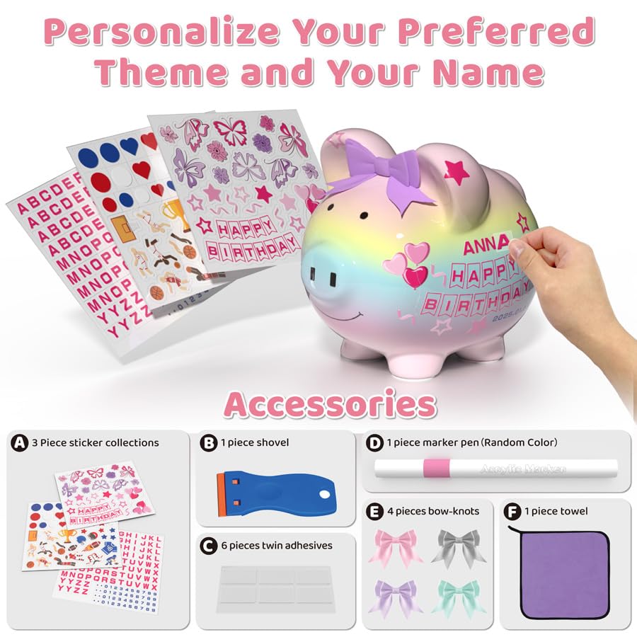 Personalized Birthday Gift For Women Girls With Diy Name Stickers, 8'' Large Ceramic Piggy Bank For Kids Girls Boys,Cute Toddle