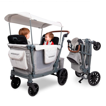 WONDERFOLD L2 Double Stroller Wagon - 2 Seater, Collapsible, Gray, 5-Point Harness, Adjustable UPF50+ Canopy
