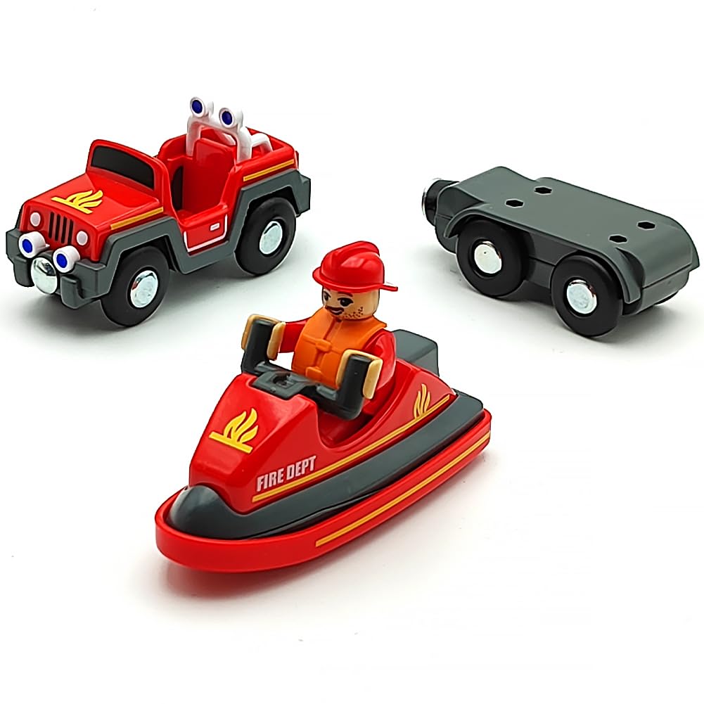 Dshmixia Wooden Train Cars Track Accessories Set Rescue Fire Truck With Light And Sound Small Vehicles Magnetic Train Cars Fit For Wooden Train Track Railway For Boys And Girls (Fireboat)