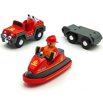 Dshmixia Wooden Train Cars Track Accessories Set Rescue Fire Truck With Light And Sound Small Vehicles Magnetic Train Cars Fit For Wooden Train Track Railway For Boys And Girls (Fireboat)