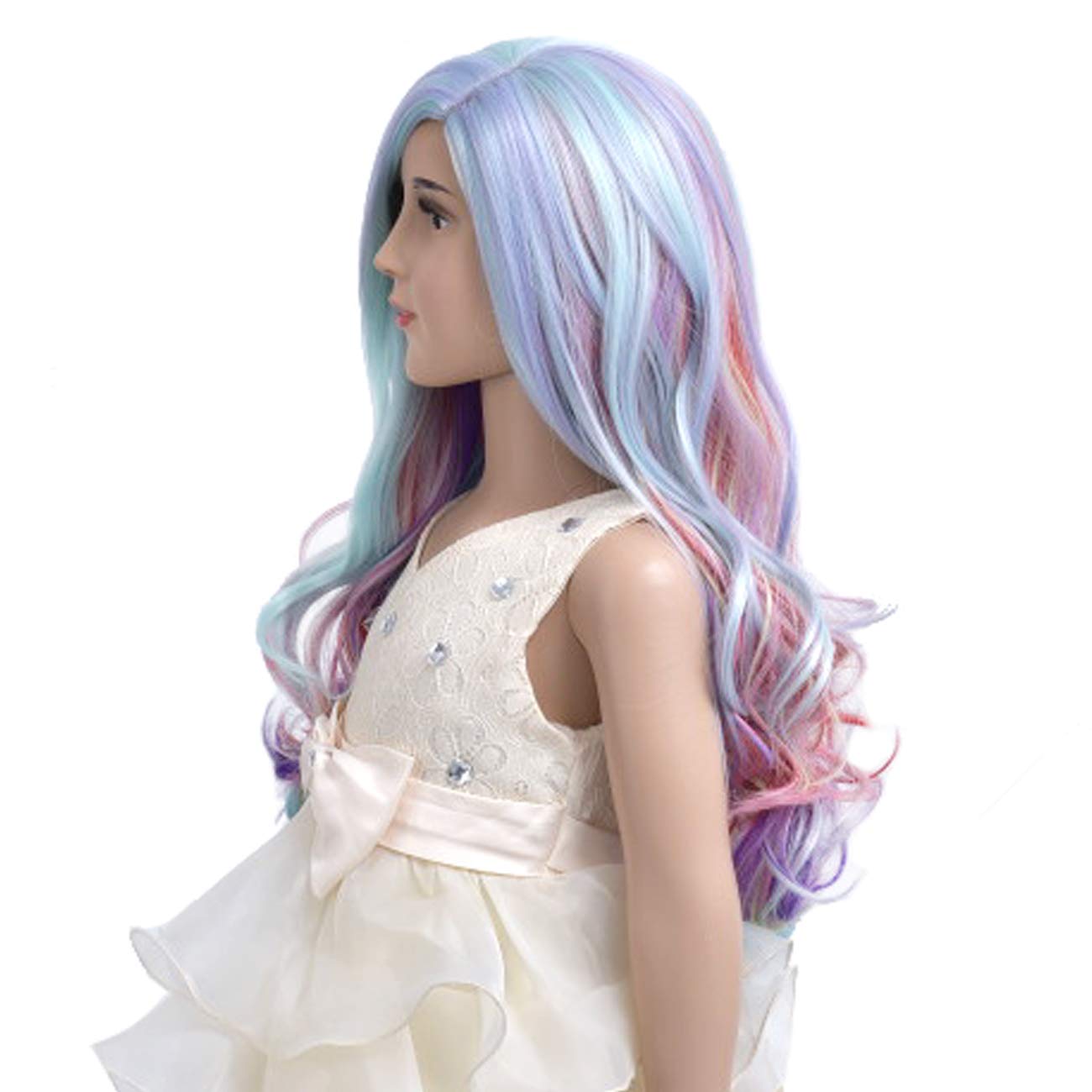 Duduwig 22 Inches Long Rainbow Wig For Kids Girls Long Multi-Color Wavy Curly, Lovely Color Synthetic Cosplay Hair Wig For Child