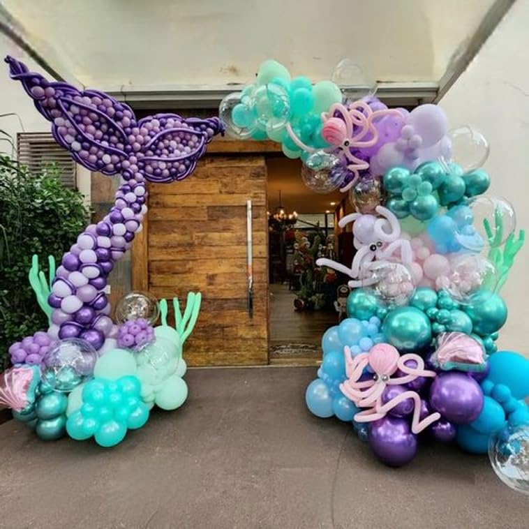 Mermaid Party Balloons, Mermaid Purple Pink Teal Balloon With Conch Shell Starfish Print Balloons Mermaid Confetti Balloon For U