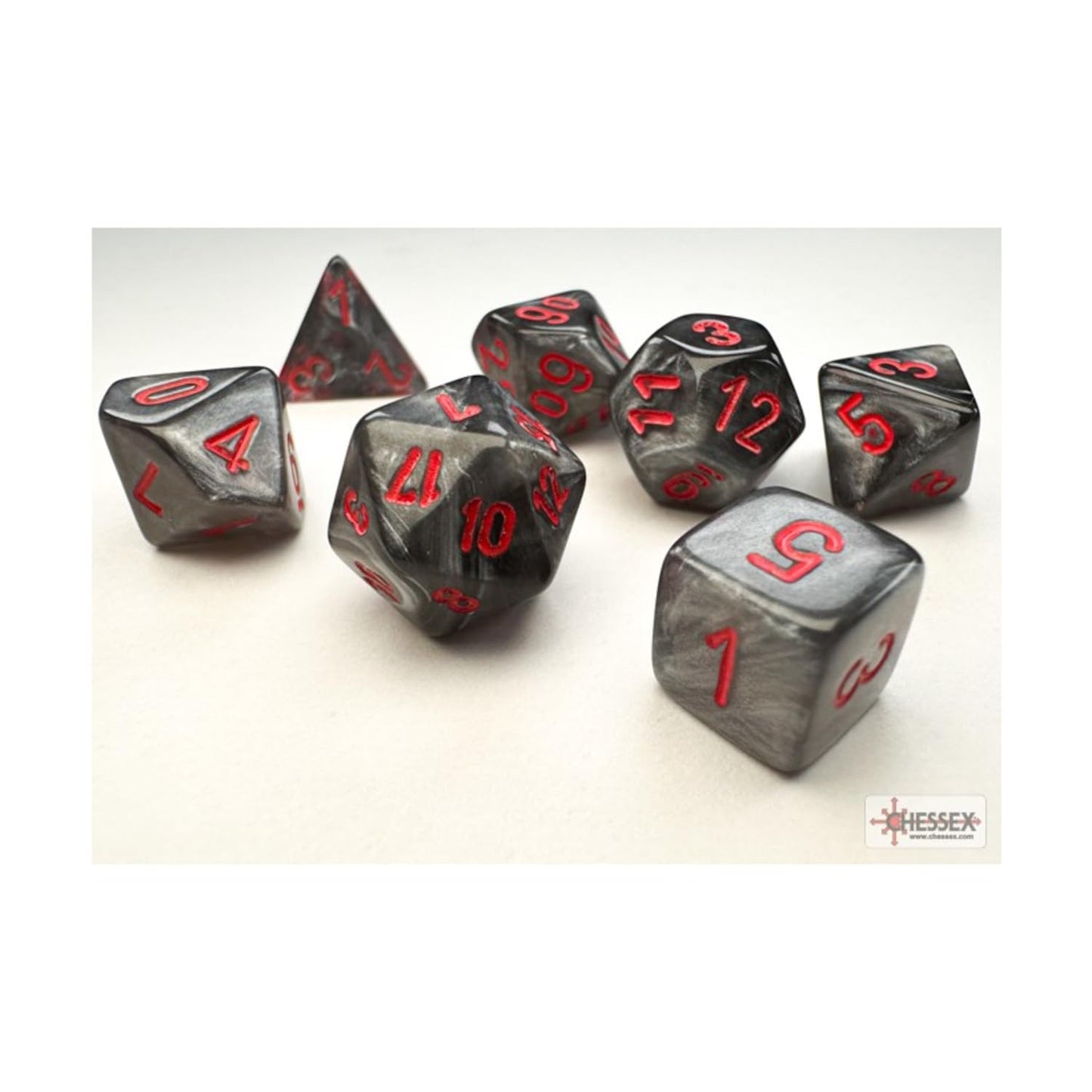 Black Velvet Mini Dice With Red Numbers 10Mm (3/8In) Set Of 7 Chessex