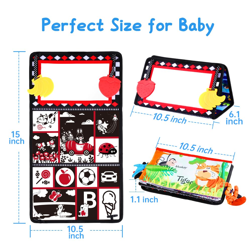 Baby Toys 0-6 Months - 15 Inch Tummy Time Toys With Soft Cloth Book & Teethers & Baby Mirror Toys, High Contrast Baby Toys For N