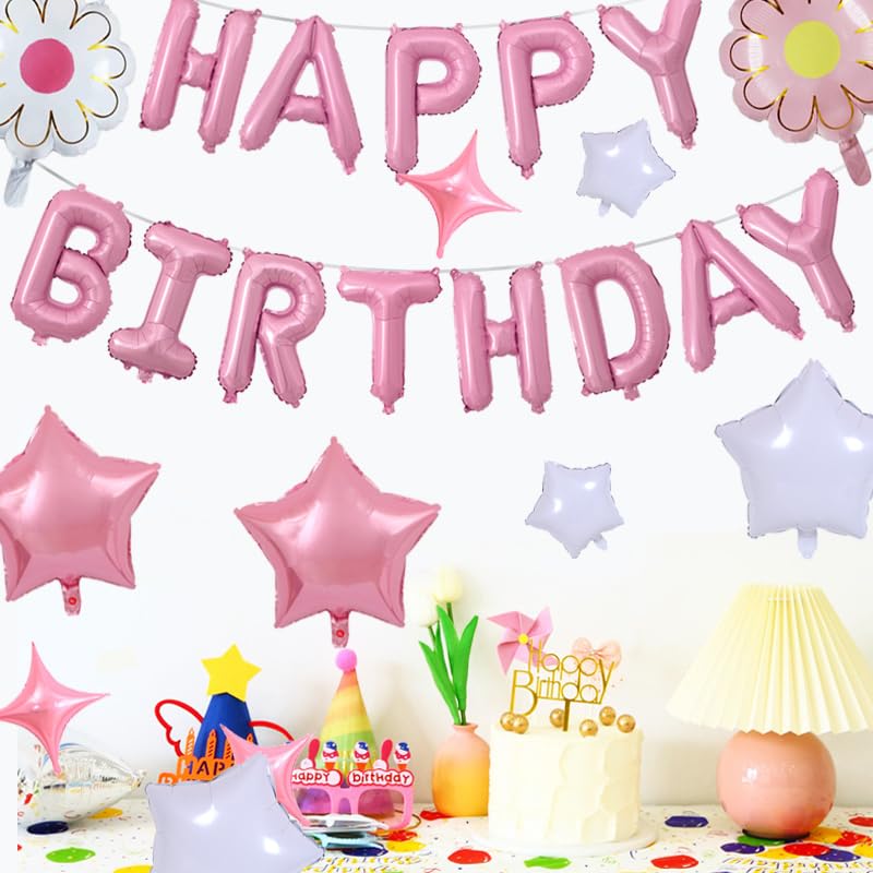 Happy Birthday Banner Script Pink Letter Sign With 12 Pcs Pink White Star Foil Mylar Balloon For Birthday Party Decoration