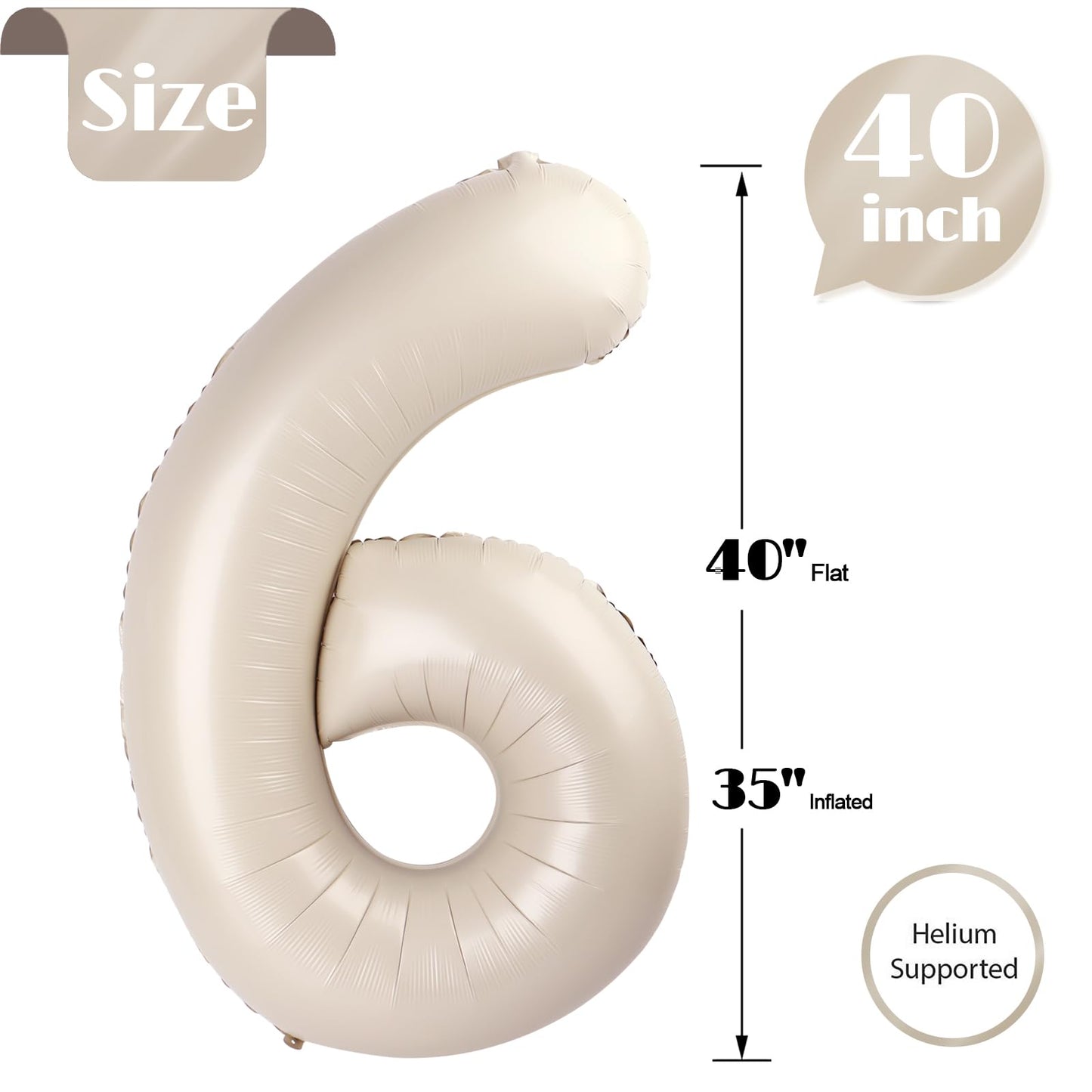 Cream Number 6 Balloon 40 Inch, 6 Balloon Number, 6Th Birthday Decorations, Cream Party Supplies For Boys Girls