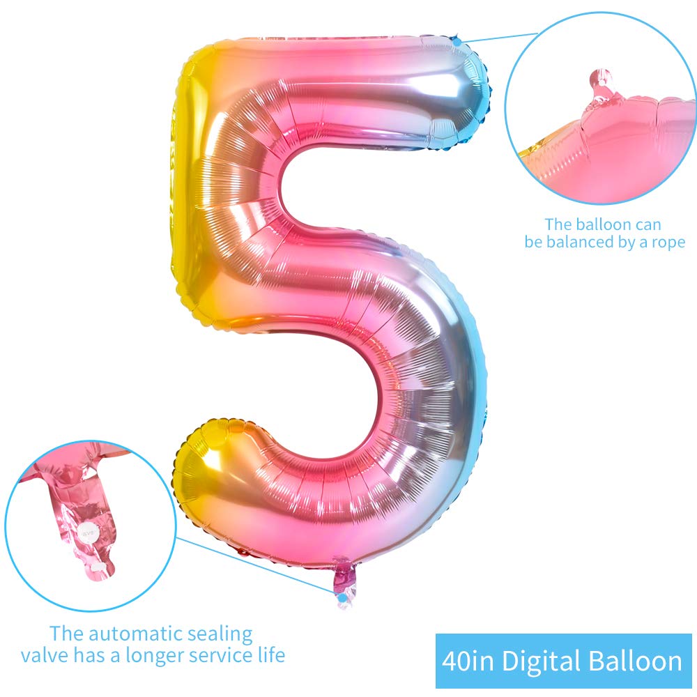Toniful 40 Inch Rainbow Large Numbers Balloons 0-9, Number 5 Digital 5 Helium Balloons, Foil Mylar Big Number Balloons For Birth