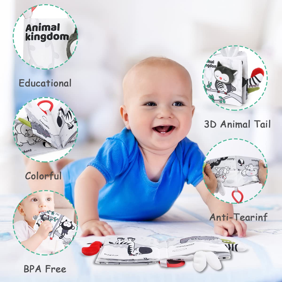Vicloon Soft Cloth Baby Books, Baby Books 0-6 Months, 3D Black And White High Contrast Soft Cloth Book, Washable Non-Toxic Early Baby Book