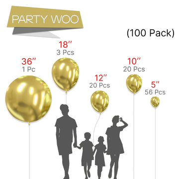 Partywoo Metallic Gold Balloons, 100 Pcs Gold Metallic Balloons Different Sizes Pack Of 36 Inch 18 Inch 12 Inch 10 Inch 5 Inch Chrome Gold Balloons For Balloon Garland As Party Decorations, Gold-G101