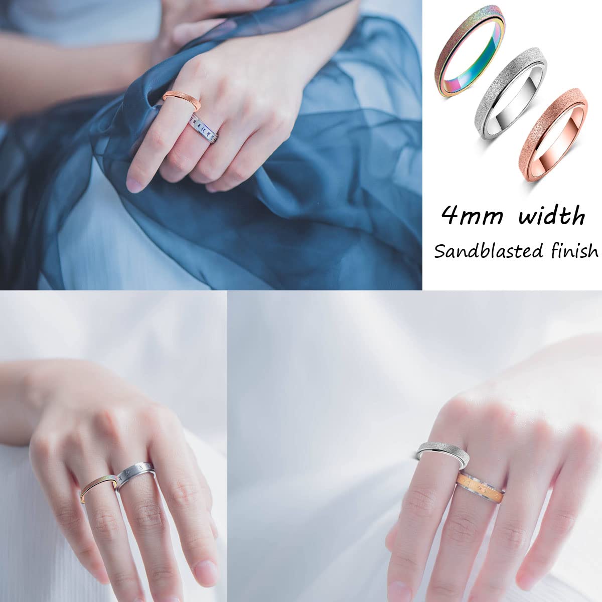 Luckyamor Anxiety Ring For Women Spinner Ring:4Mm Sand Blasted Rotatable Titanium Steel Spinner Band Rings Fidget Rings For Women Size 6-10