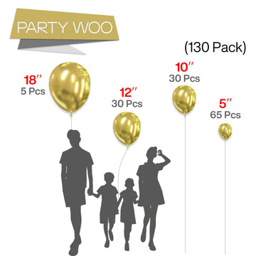 Partywoo Metallic Gold Balloons, 130 Pcs Gold Balloons Different Sizes Pack Of 18 12 10 5 Inch Gold Balloon Arch Kit Balloon Garland For Birthday, Graduation, Wedding Party Decorations, Gold-G101
